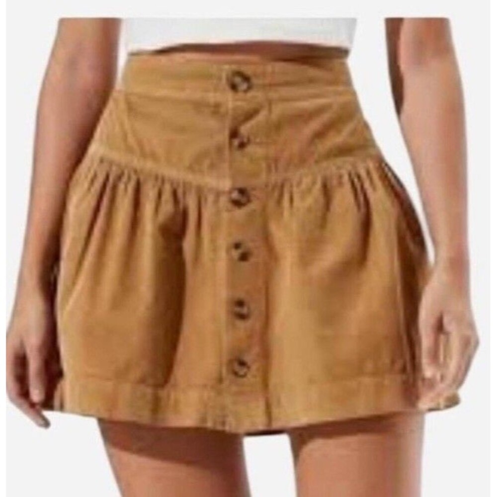 American Eagle Y2K High Waist Boho Gathered Mini Skirt Tan Soft Corduroy Sz 14